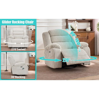 Fauteuil inclinable électrique chauffant extra-large rotatif à 270° avec port de chargement USB/Type-C