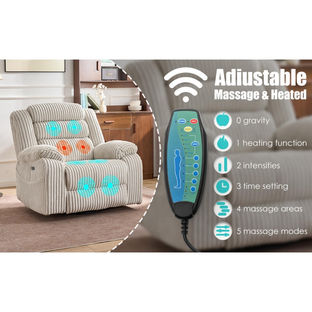 Fauteuil inclinable électrique chauffant extra-large rotatif à 270° avec port de chargement USB/Type-C