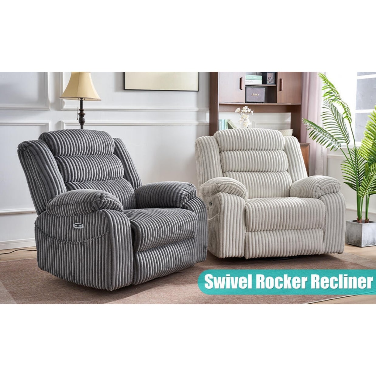 Fauteuil inclinable électrique chauffant extra-large rotatif à 270° avec port de chargement USB/Type-C