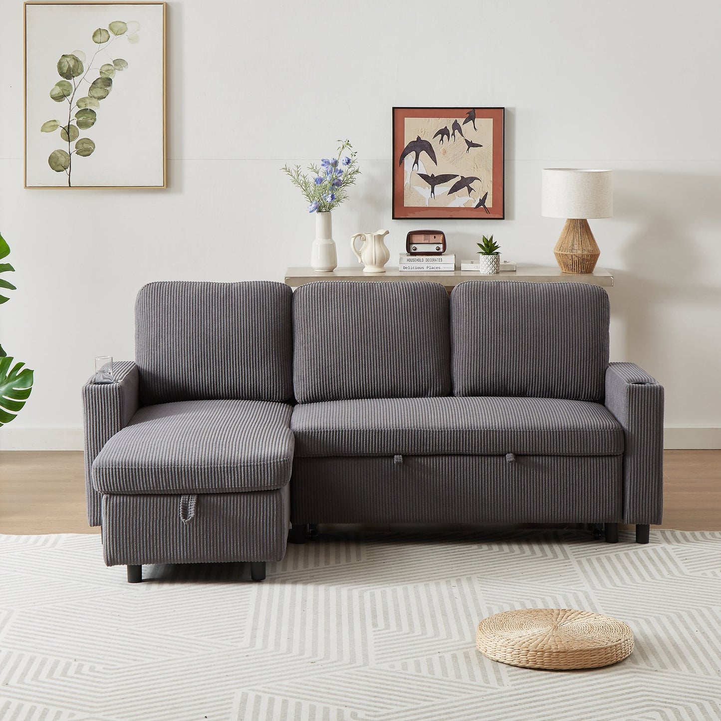 Canapé-lit réversible FX 78.8 avec lit gigogne, canapé-lit confortable en lin en forme de L, mobilier de salon S