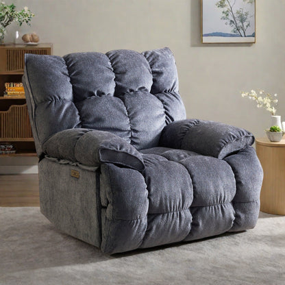 Fauteuil inclinable électrique pivotant à 360° en tissu avec mouvement coulissant, dossier haut et plusieurs positions d'inclinaison