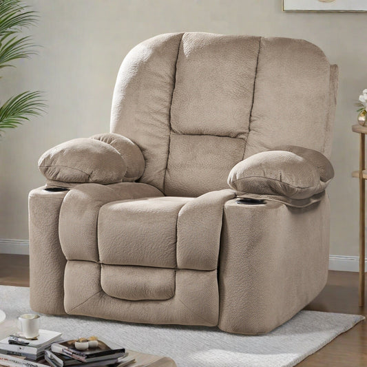 Fauteuil inclinable manuel en tissu avec deux porte-gobelets et coussins rembourrés généreux