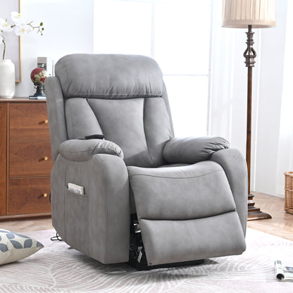 Fauteuil inclinable électrique en tissu pour personnes âgées, avec télécommande, coussin rembourré, poche latérale et cadre robuste.