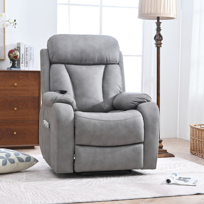 Fauteuil inclinable électrique en tissu pour personnes âgées, avec télécommande, coussin rembourré, poche latérale et cadre robuste.