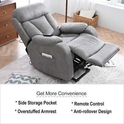 Fauteuil inclinable électrique en tissu avec télécommande, coussins rembourrés, poche de rangement latérale et cadre robuste et durable pour personnes âgées