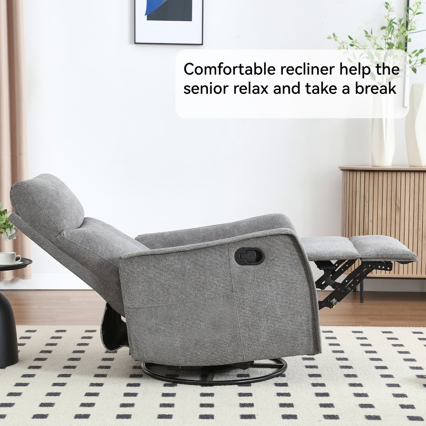 Fauteuil inclinable en tissu avec chauffage, massage, base pivotante à 360°, dossier réglable et soutien lombaire pour un confort optimal au salon