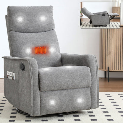 Fauteuil inclinable en tissu avec chauffage, massage, base pivotante à 360°, dossier réglable et soutien lombaire pour un confort optimal au salon