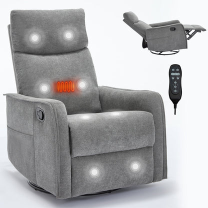 Fauteuil inclinable en tissu avec chauffage, massage, base pivotante à 360°, dossier réglable et soutien lombaire pour un confort optimal au salon