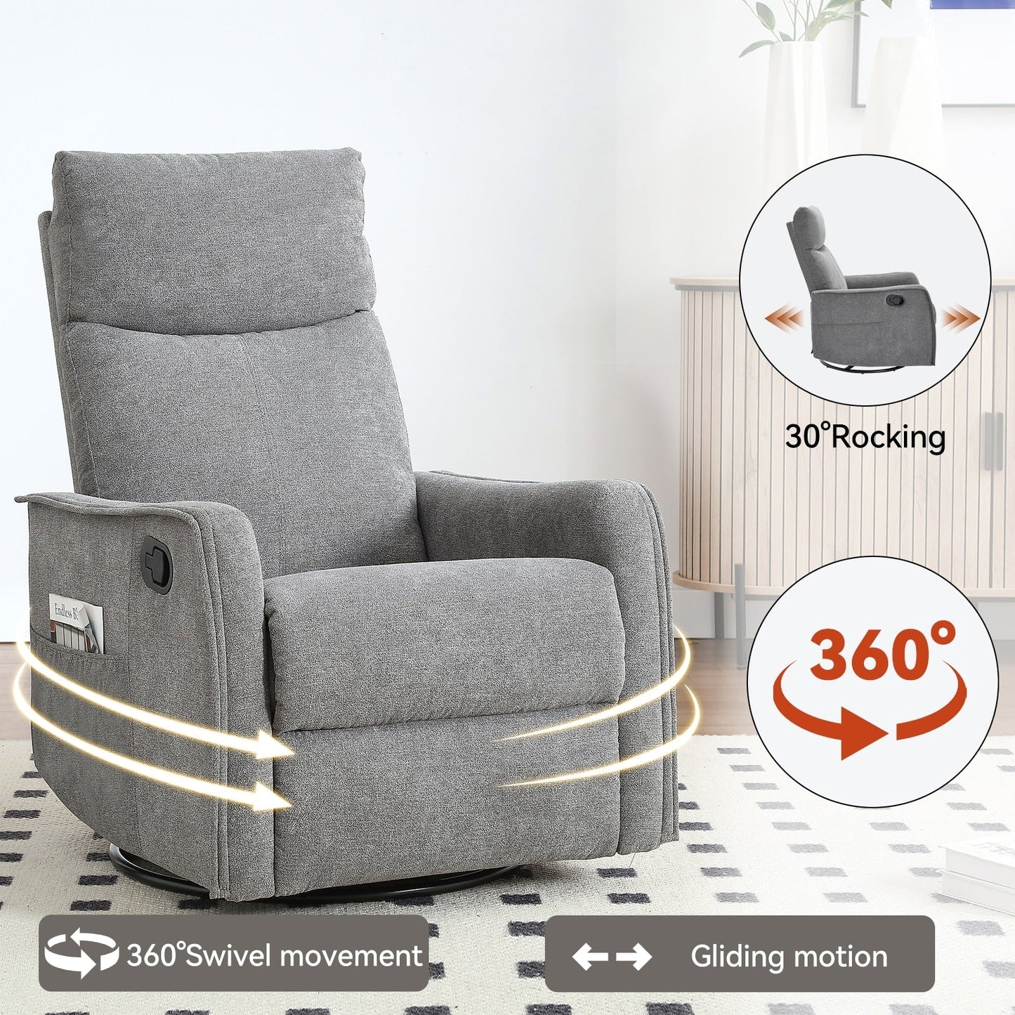 Fauteuil inclinable en tissu avec chauffage, massage, base pivotante à 360°, dossier réglable et soutien lombaire pour un confort optimal au salon