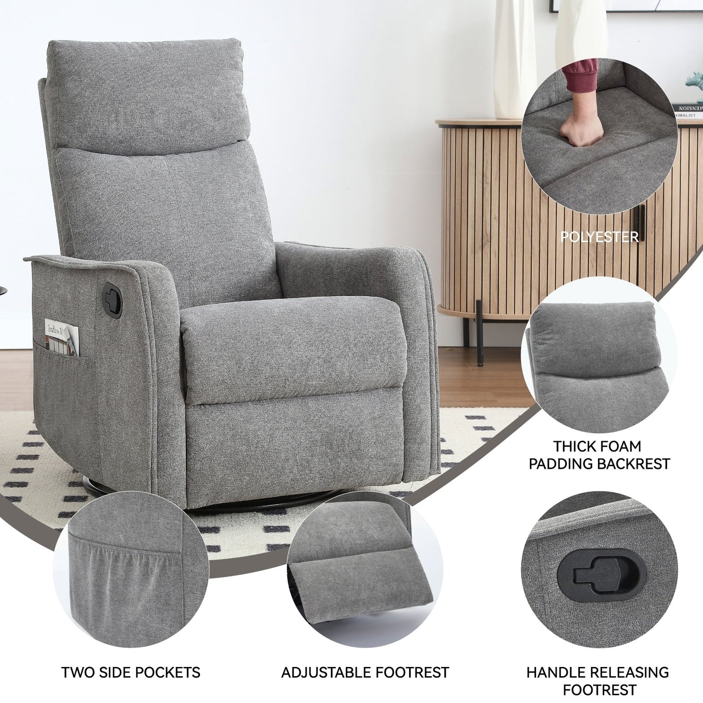 Fauteuil inclinable en tissu avec chauffage, massage, base pivotante à 360°, dossier réglable et soutien lombaire pour un confort optimal au salon