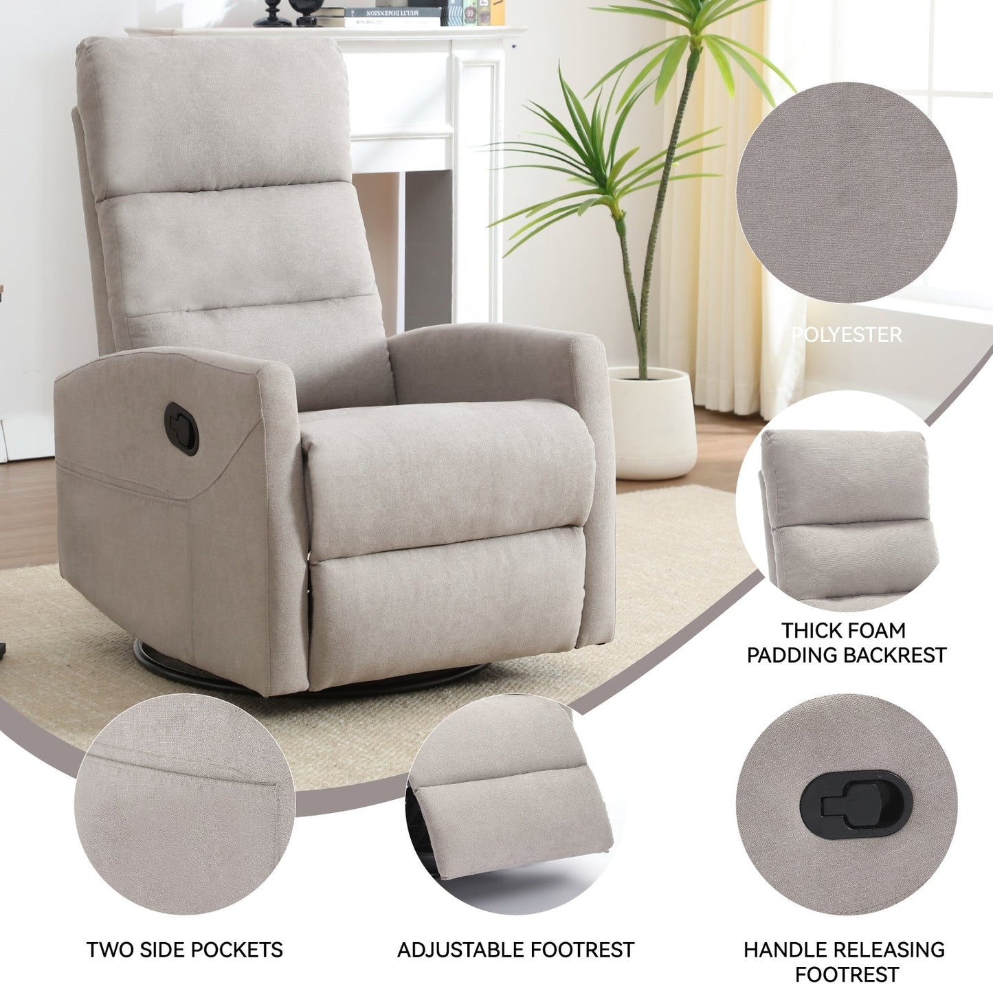 Fauteuil inclinable à bascule en tissu avec base pivotante à 360°, fauteuil inclinable manuel avec levier latéral, fauteuil de salon confortable
