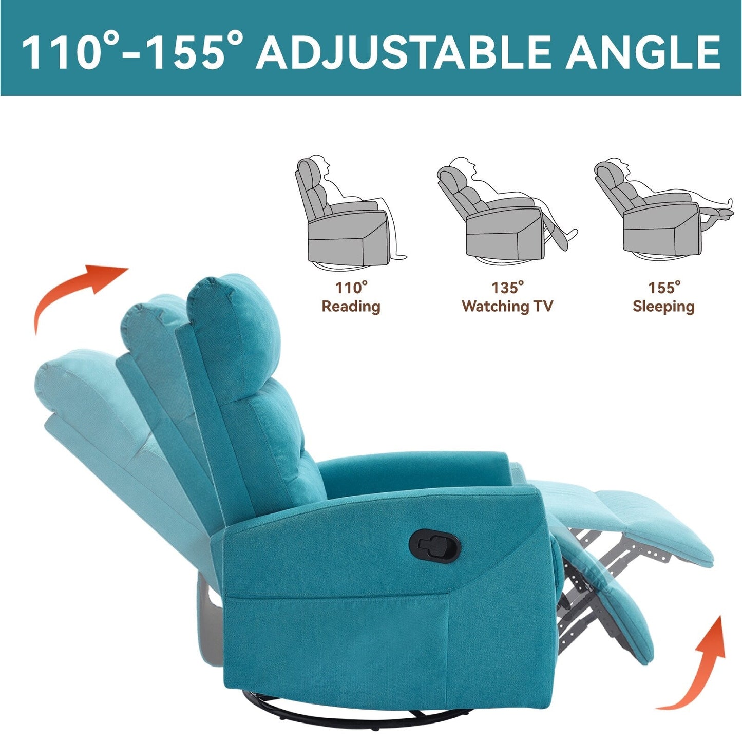 Fauteuil inclinable à bascule en tissu avec base pivotante à 360°, fauteuil inclinable manuel avec levier latéral, fauteuil de salon confortable