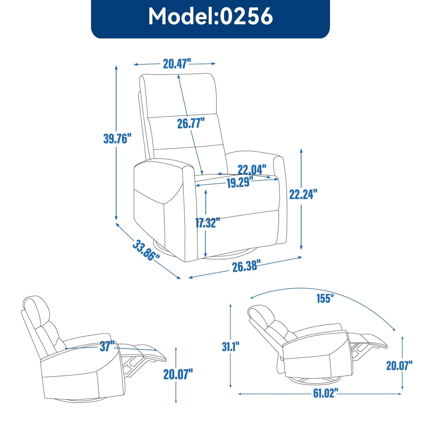 Fauteuil inclinable à bascule en tissu avec base pivotante à 360°, fauteuil inclinable manuel avec levier latéral, fauteuil de salon confortable