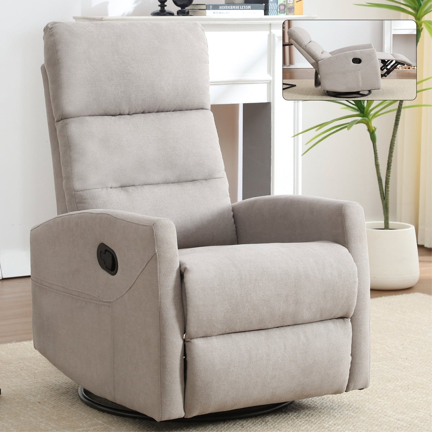 Fauteuil inclinable à bascule en tissu avec base pivotante à 360°, fauteuil inclinable manuel avec levier latéral, fauteuil de salon confortable