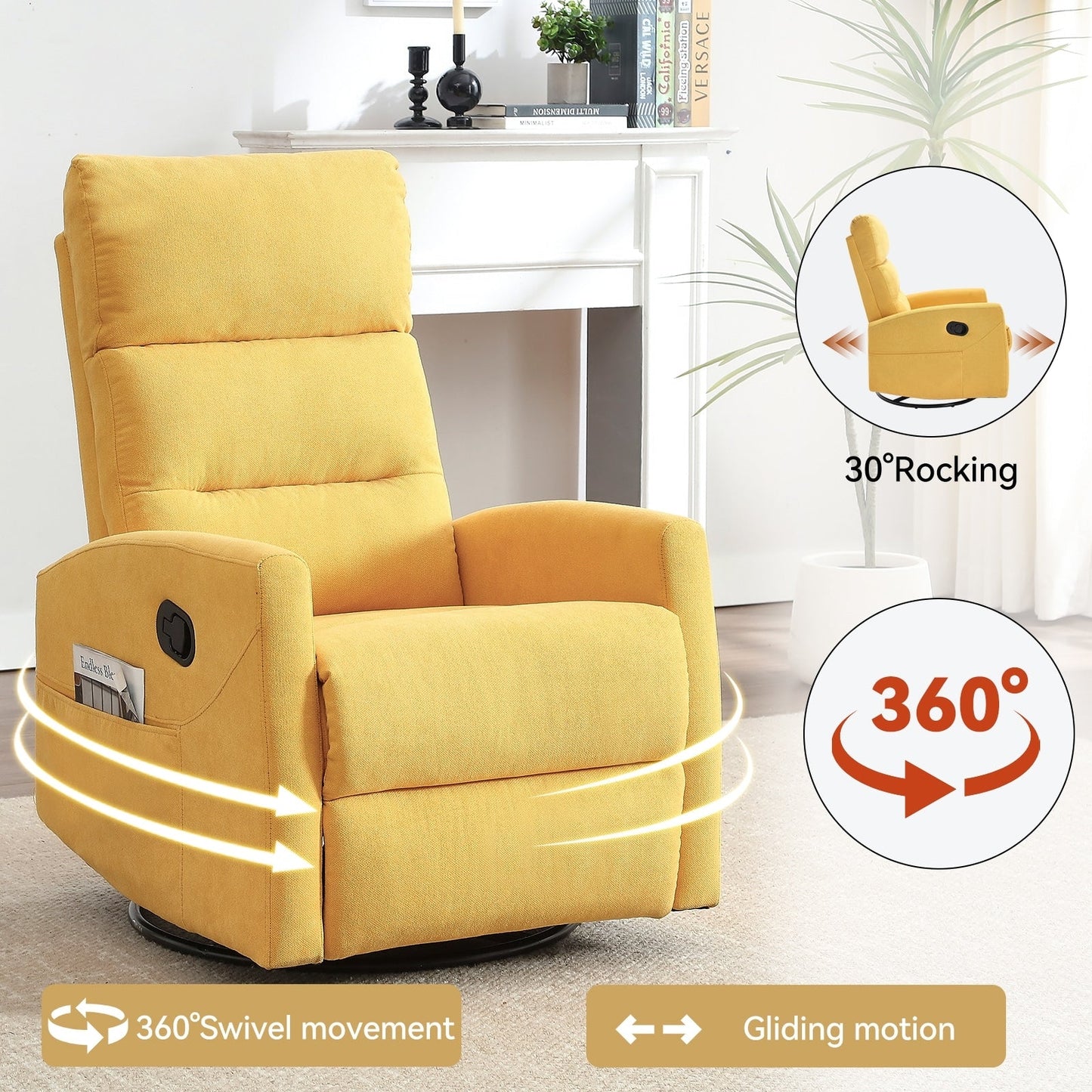 Fauteuil inclinable à bascule en tissu avec base pivotante à 360°, fauteuil inclinable manuel avec levier latéral, fauteuil de salon confortable