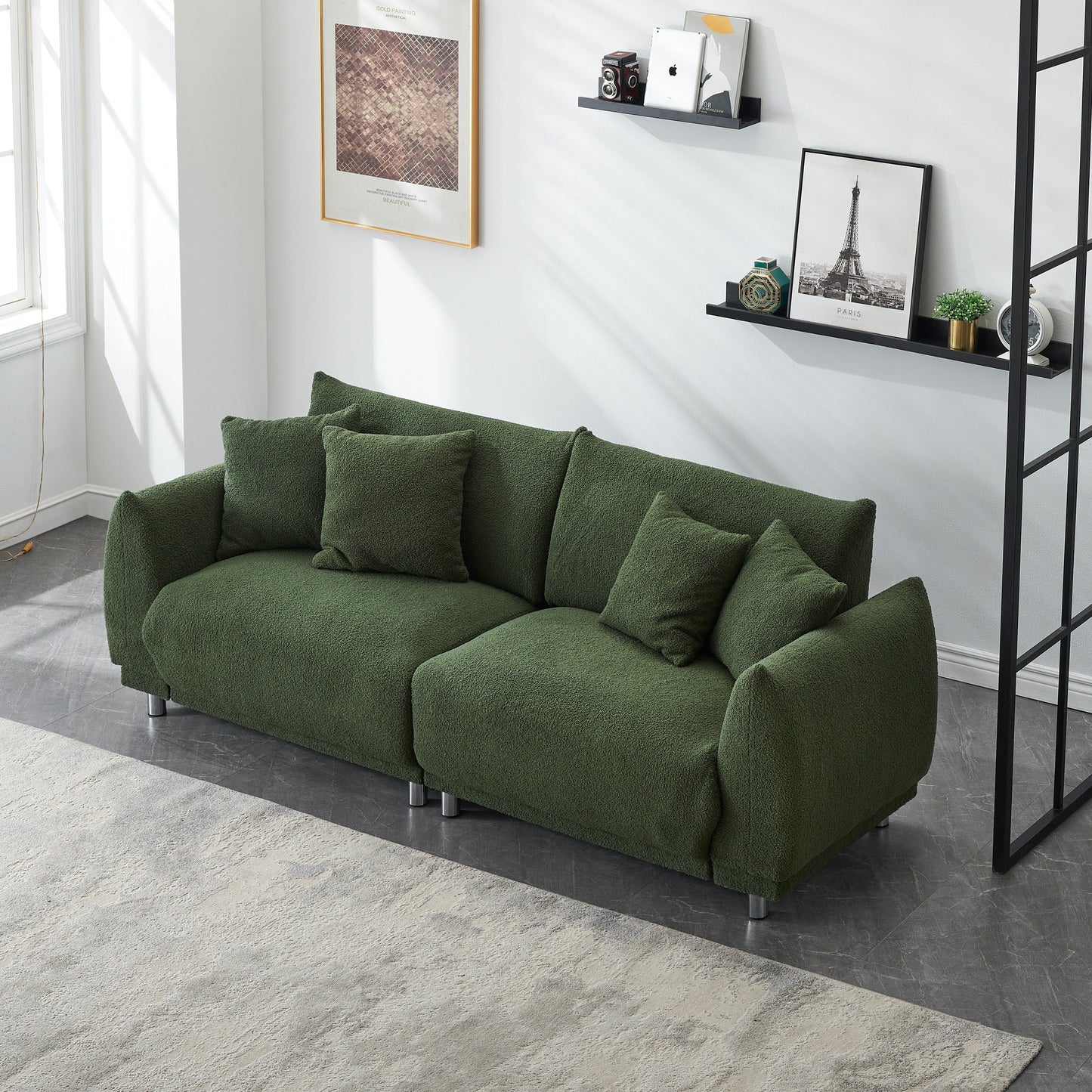 Canapé capitonné en tissu, canapé à assise profonde rembourré avec 4 coussins décoratifs, canapé de salon moderne avec pieds ronds en métal