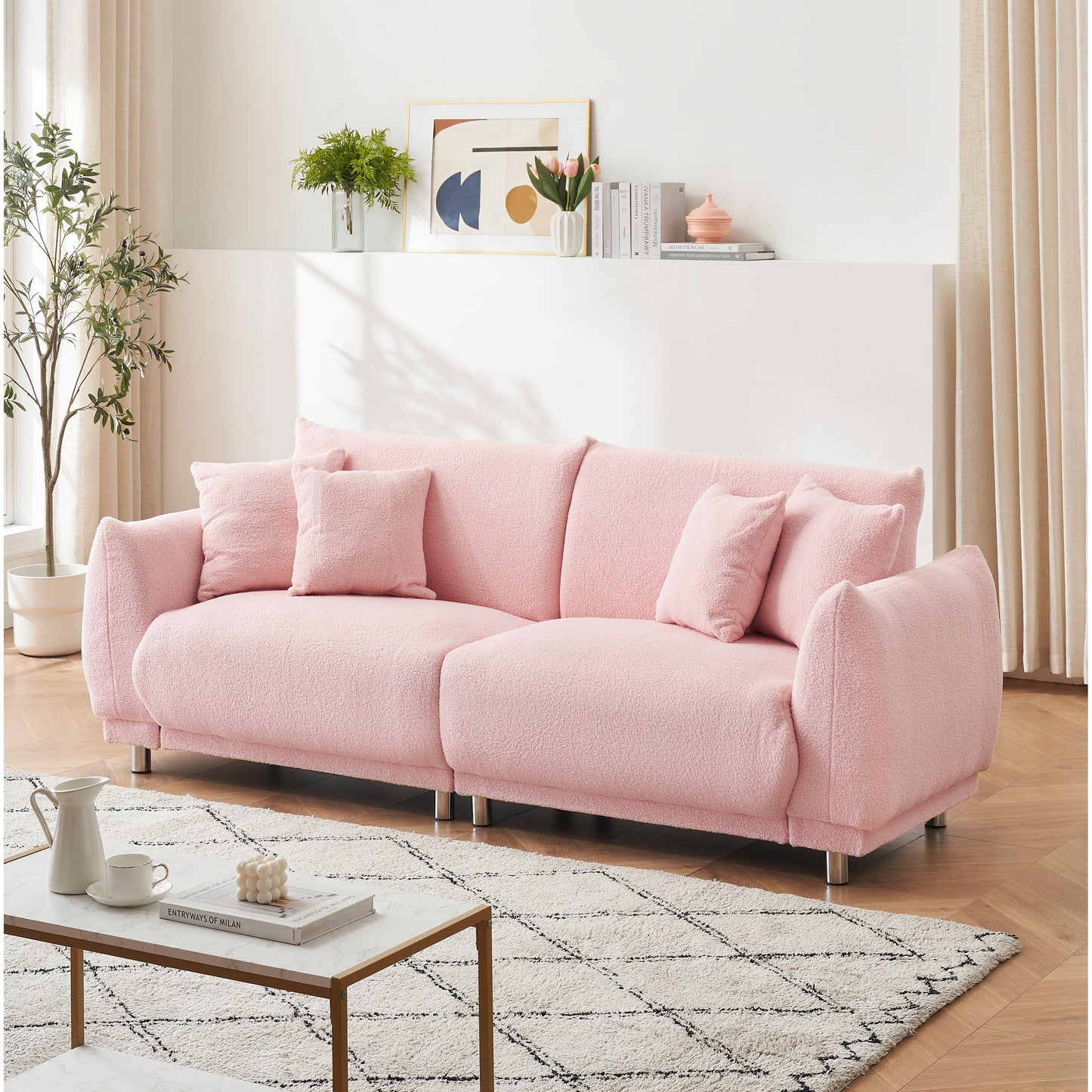 Canapé capitonné en tissu, canapé à assise profonde rembourré avec 4 coussins décoratifs, canapé de salon moderne avec pieds ronds en métal