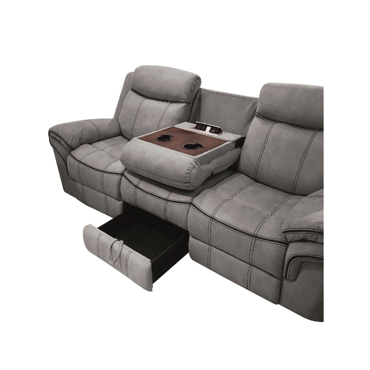 Canapé inclinable rembourré en tissu avec console et porte-gobelet, gris