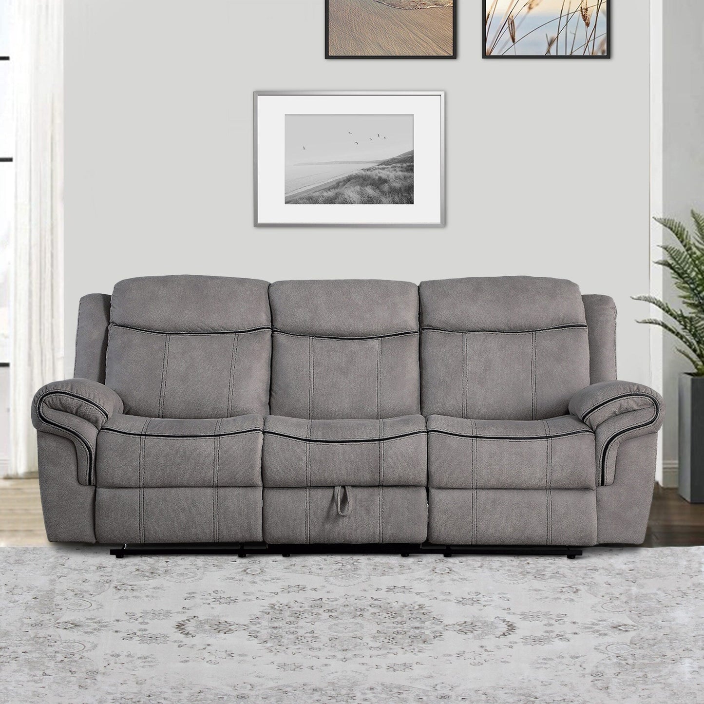Canapé inclinable rembourré en tissu avec console et porte-gobelet, gris