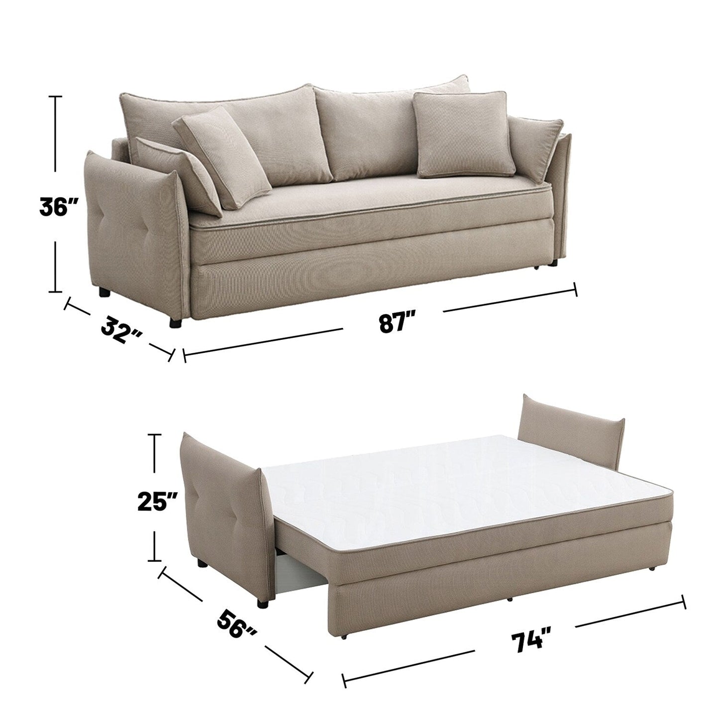 Canapé-lit gigogne en tissu et bois beige