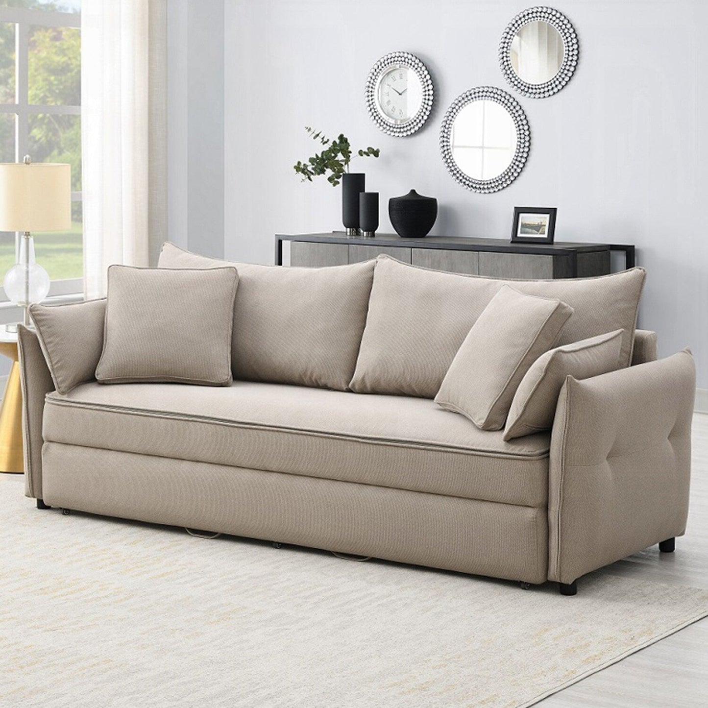 Canapé-lit gigogne en tissu et bois beige