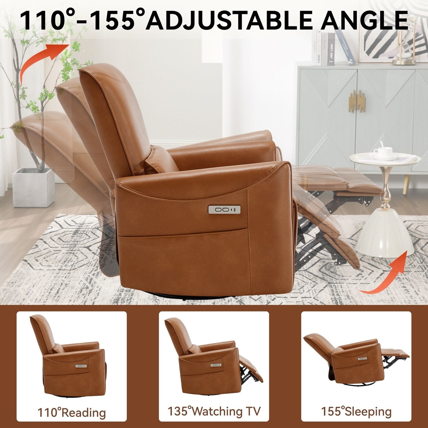 Fauteuil inclinable électrique pivotant à 270° en similicuir avec coussins lombaires, 2 poches latérales, ports USB et Type-C