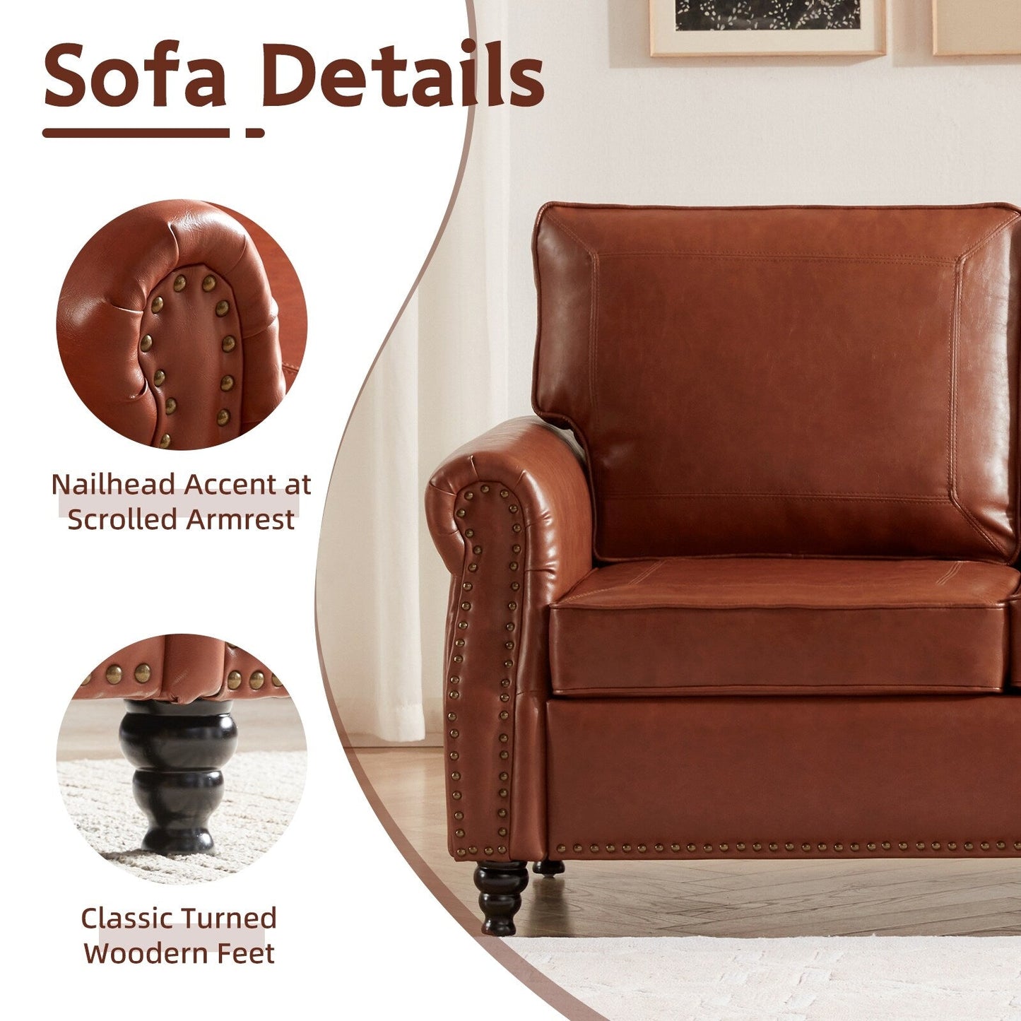 Canapé 3 places en similicuir avec accoudoirs roulés et clous décoratifs