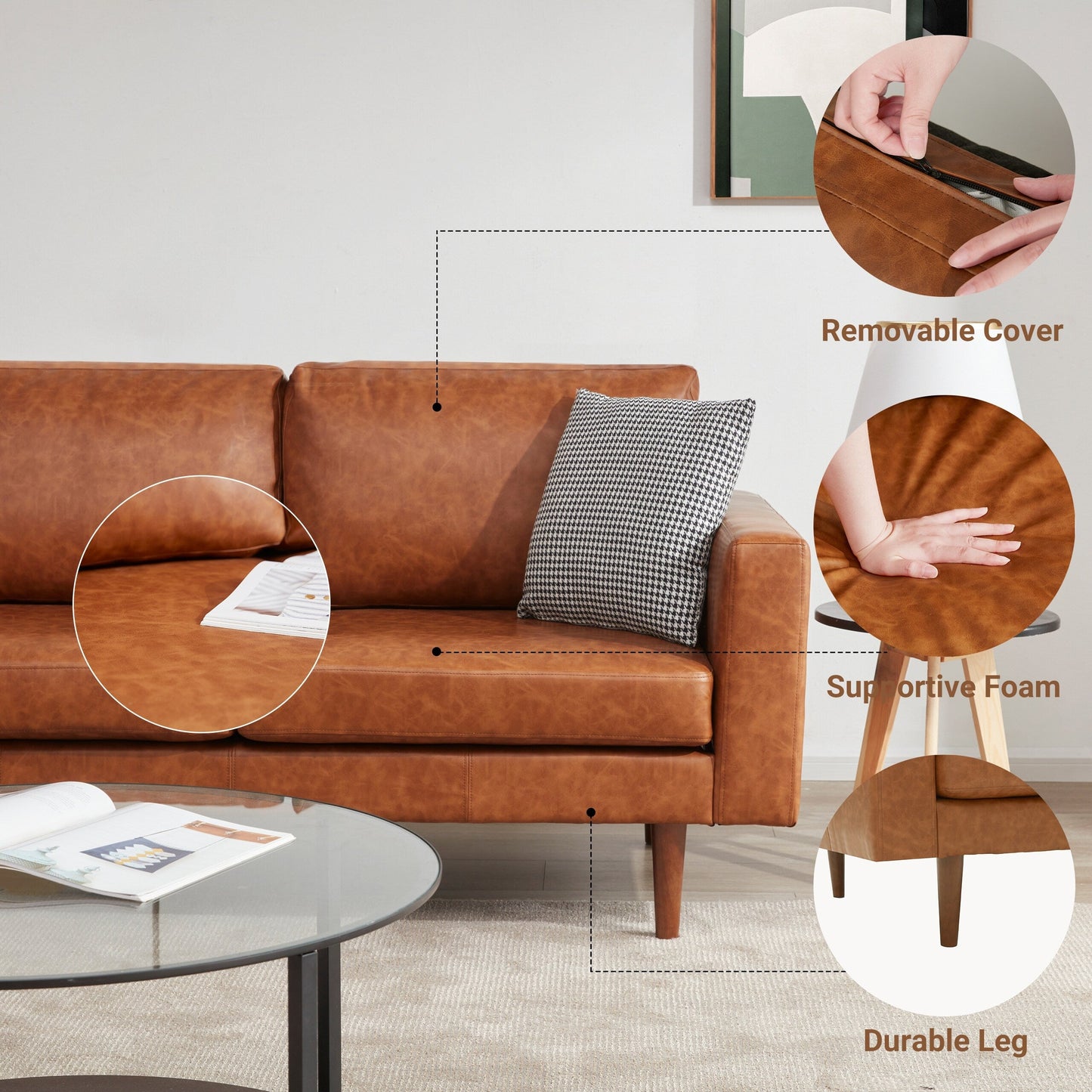 Canapé causeuse en similicuir avec cadre en bois et coussin rembourré