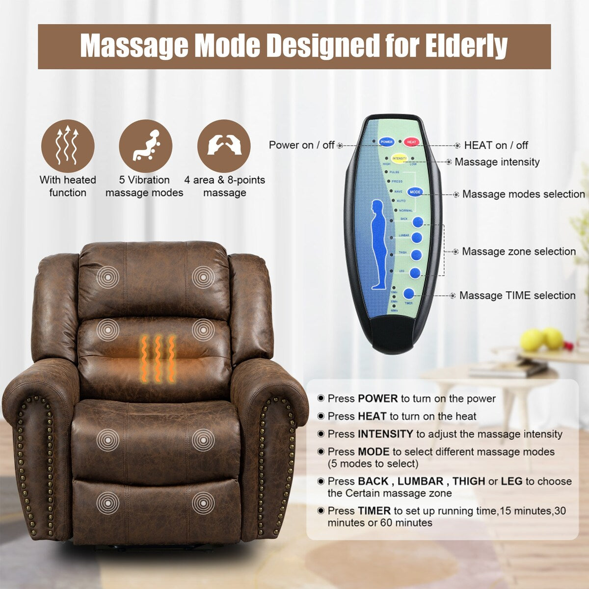 Fauteuil inclinable électrique surdimensionné en similicuir avec télécommande, massage et chauffage