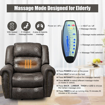 Fauteuil inclinable électrique surdimensionné en similicuir avec télécommande, massage et chauffage