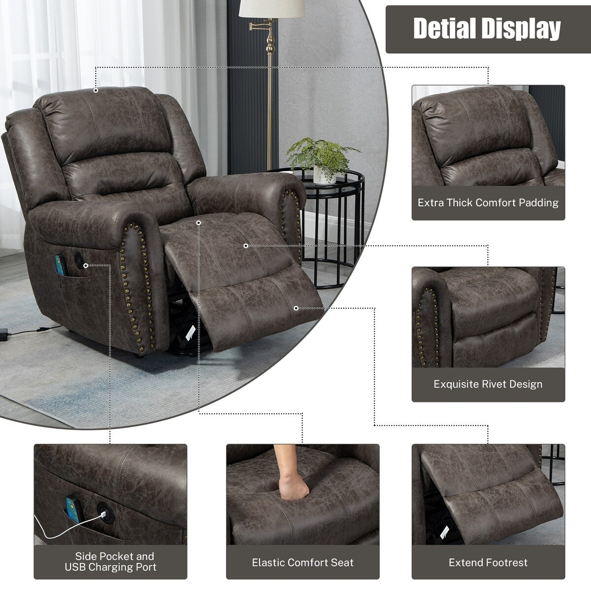 Fauteuil inclinable électrique surdimensionné en similicuir avec télécommande, massage et chauffage