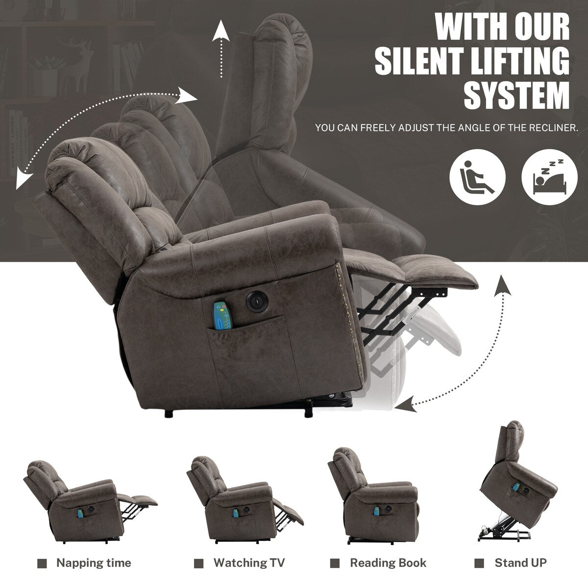 Fauteuil inclinable électrique surdimensionné en similicuir avec télécommande, massage et chauffage