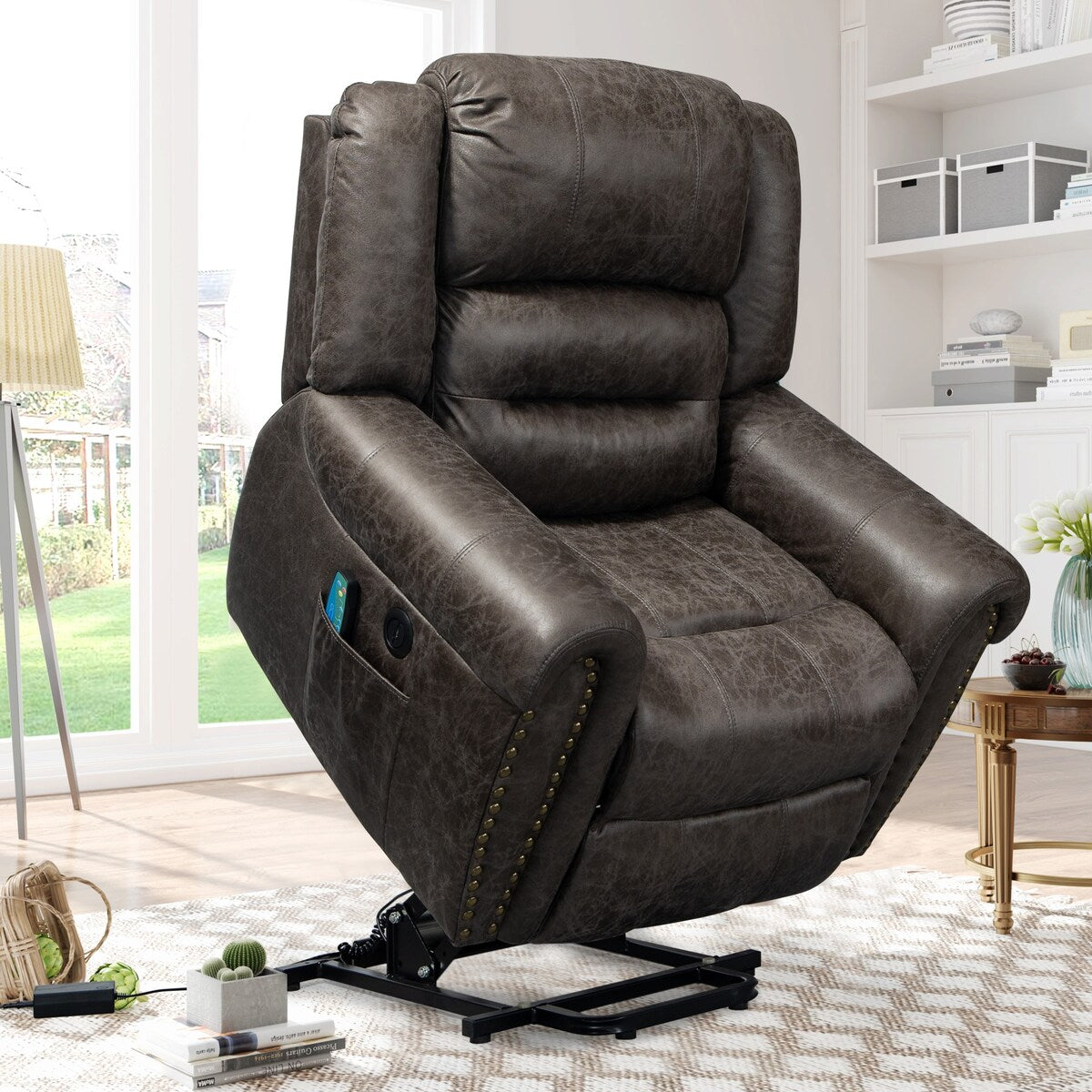 Fauteuil inclinable électrique surdimensionné en similicuir avec télécommande, massage et chauffage