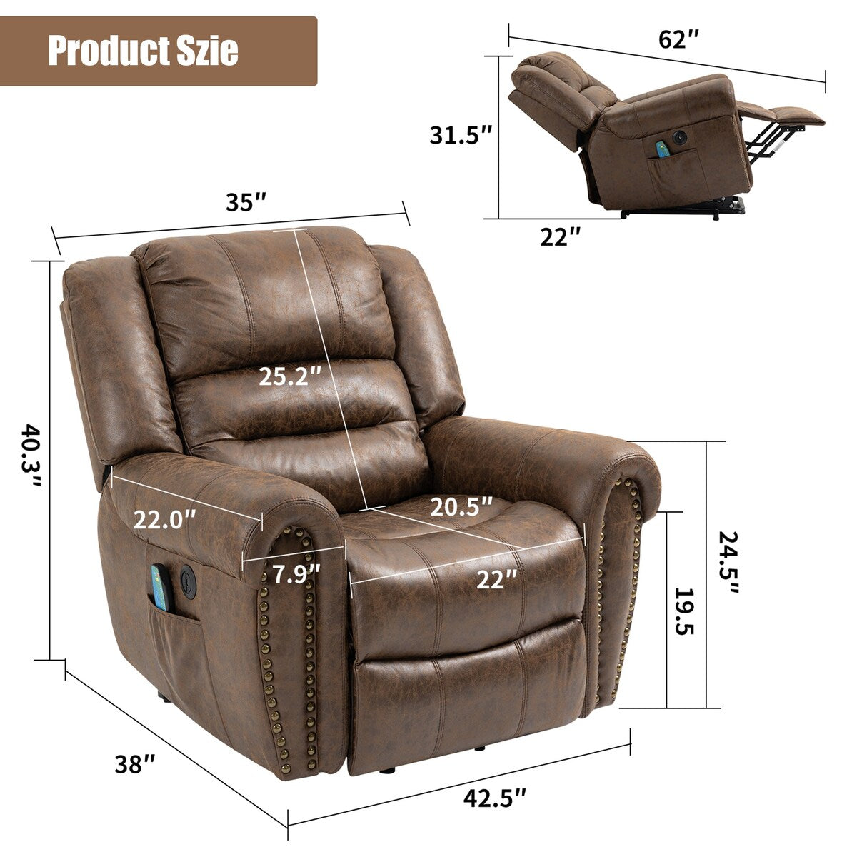 Fauteuil inclinable électrique surdimensionné en similicuir avec télécommande, massage et chauffage