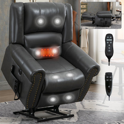 Fauteuil inclinable électrique en similicuir avec double moteur, massage thermique, ports USB et inclinaison infinie pour personnes âgées