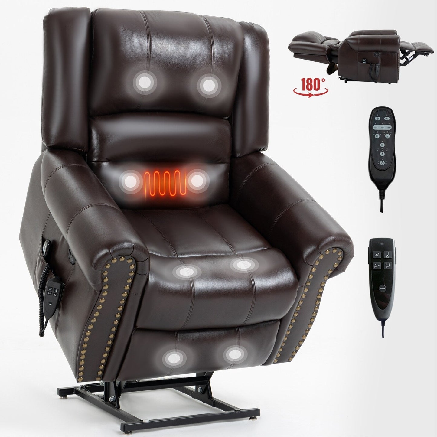 Fauteuil inclinable électrique en similicuir avec double moteur, massage thermique, ports USB et inclinaison infinie pour personnes âgées