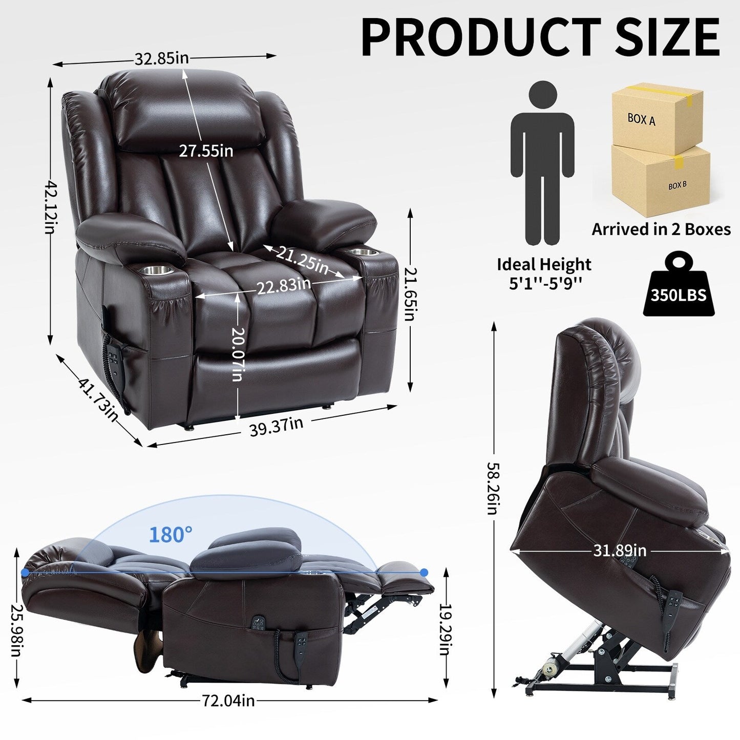 Fauteuil inclinable électrique en similicuir avec massage, chauffage, deux moteurs et porte-gobelets