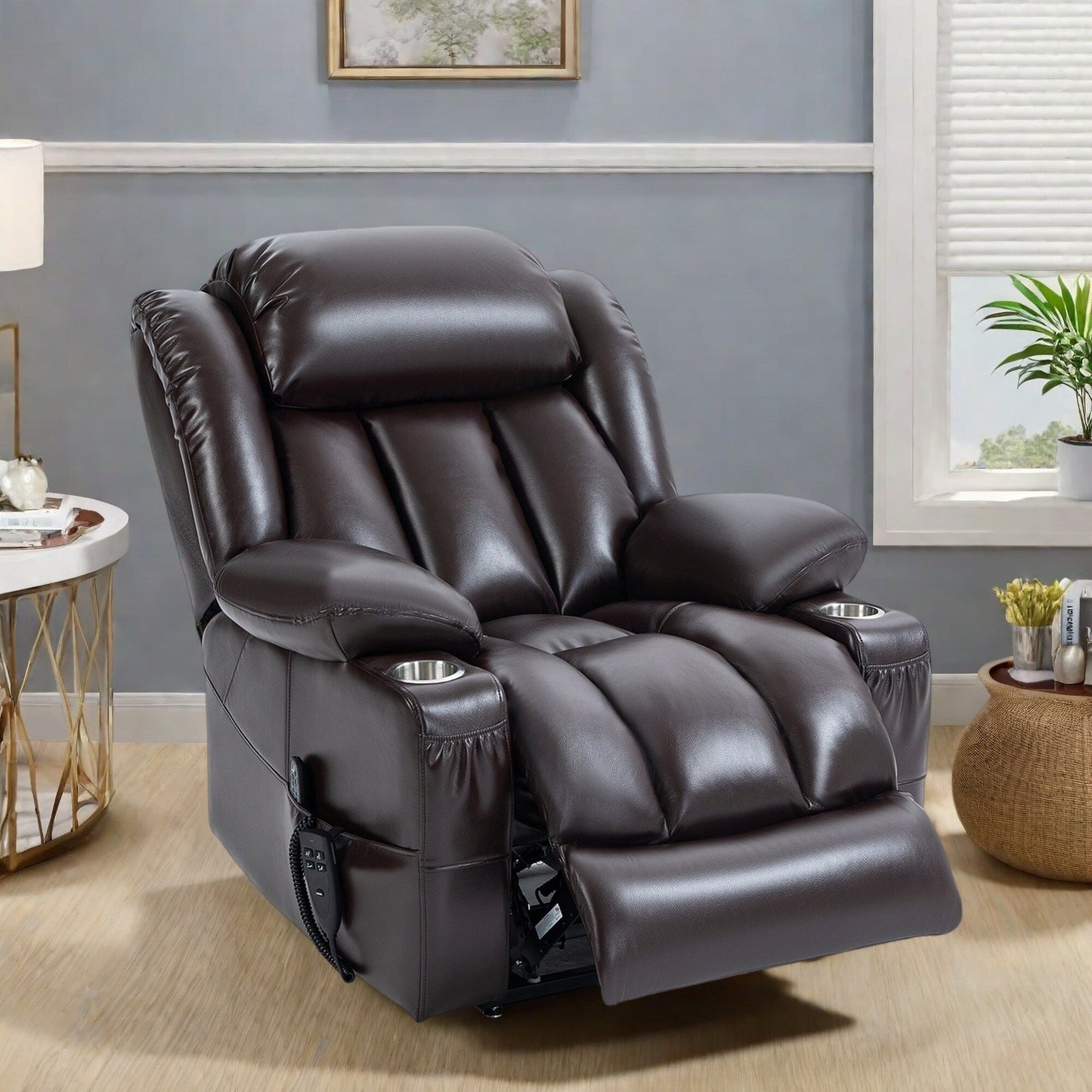 Fauteuil inclinable électrique en similicuir avec massage, chauffage, deux moteurs et porte-gobelets