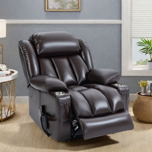 Fauteuil inclinable électrique en similicuir avec massage, chauffage, deux moteurs et porte-gobelets
