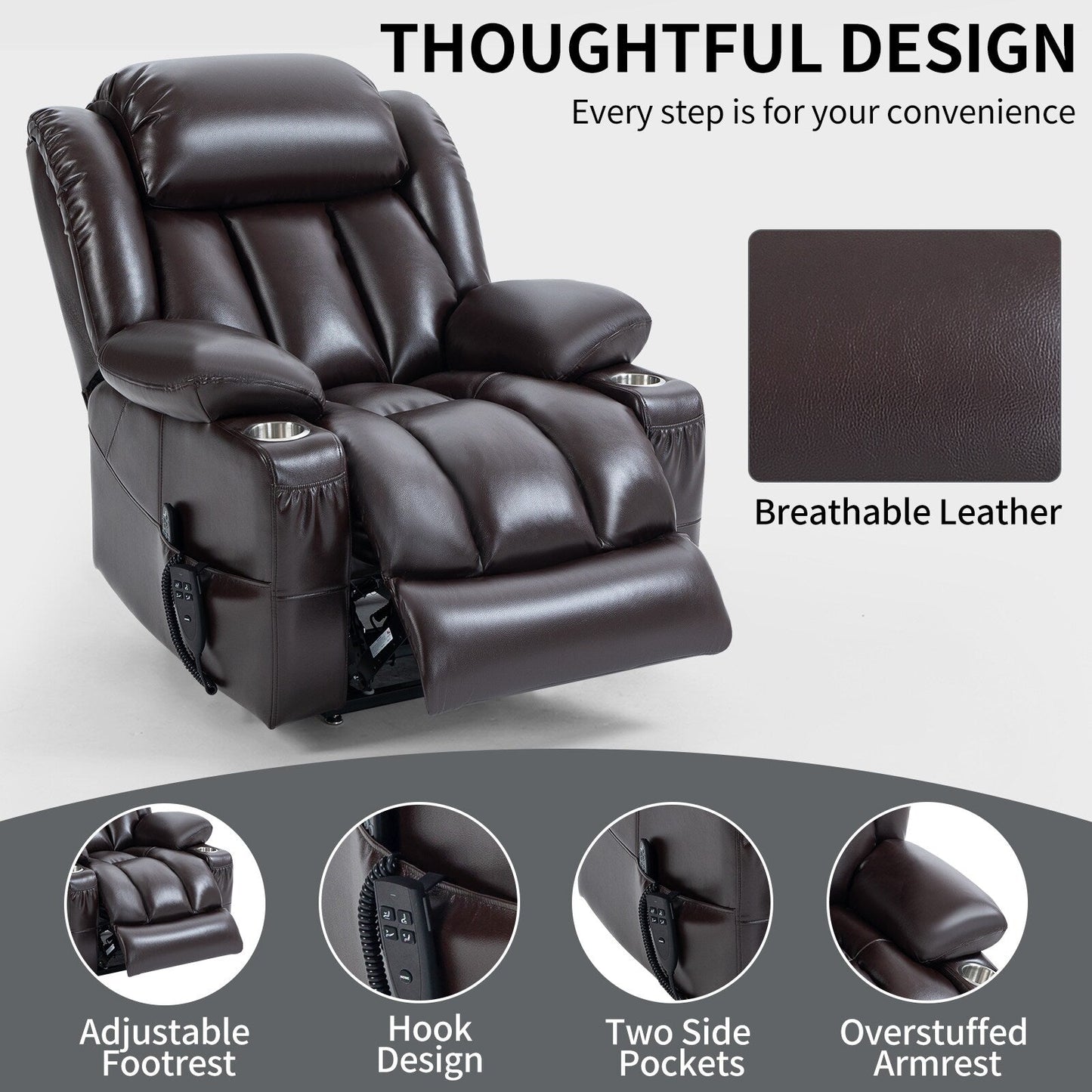 Fauteuil inclinable électrique en similicuir avec massage, chauffage, deux moteurs et porte-gobelets
