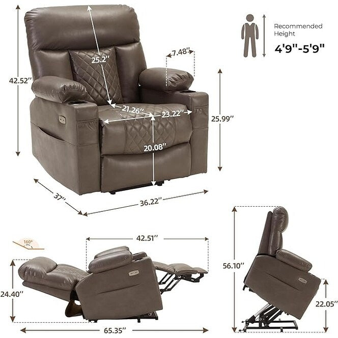 Fauteuil inclinable électrique en similicuir avec massage à 8 points, chauffage lombaire, port USB, position à plat