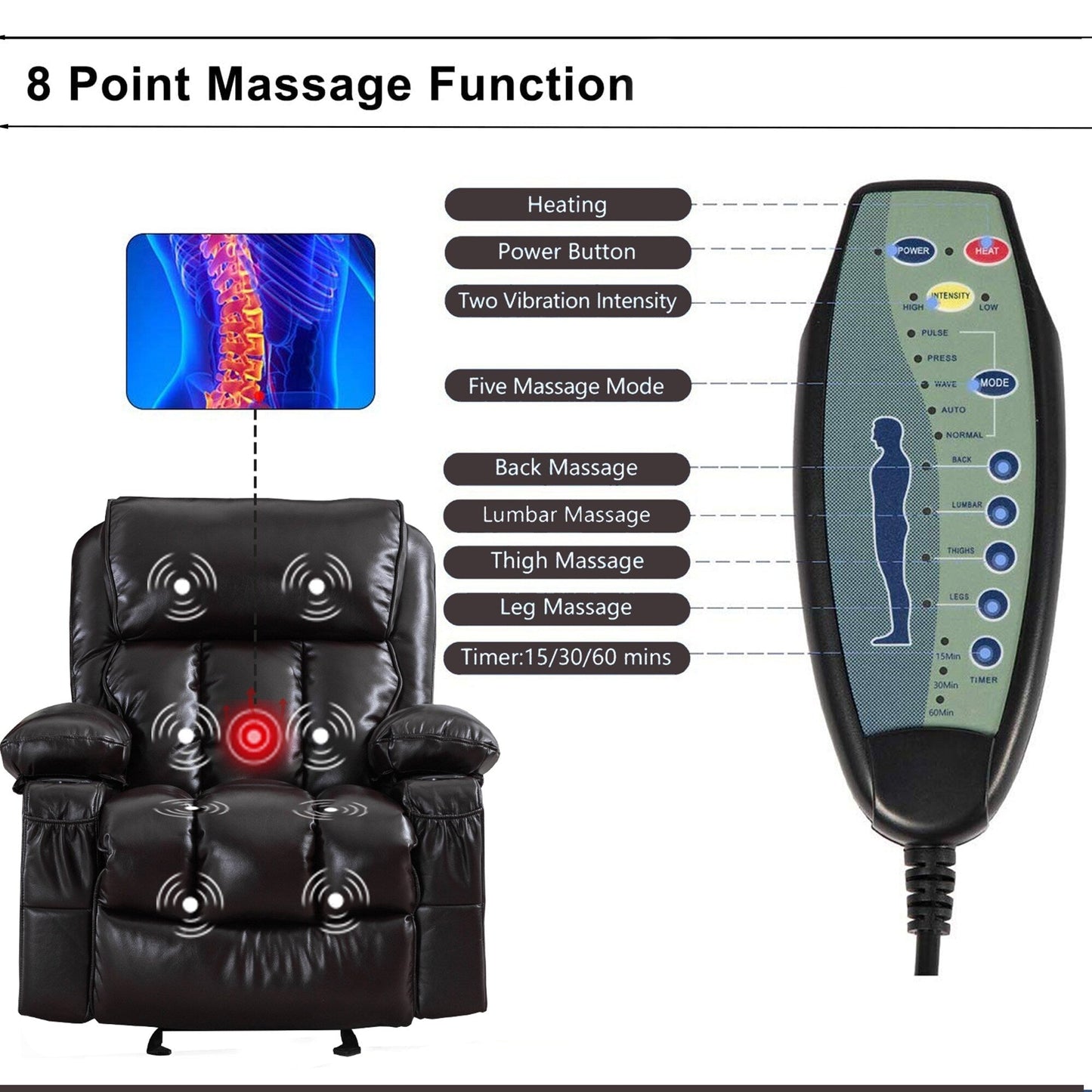 Fauteuil inclinable massant en similicuir, fauteuil à bascule inclinable, fonction chauffante