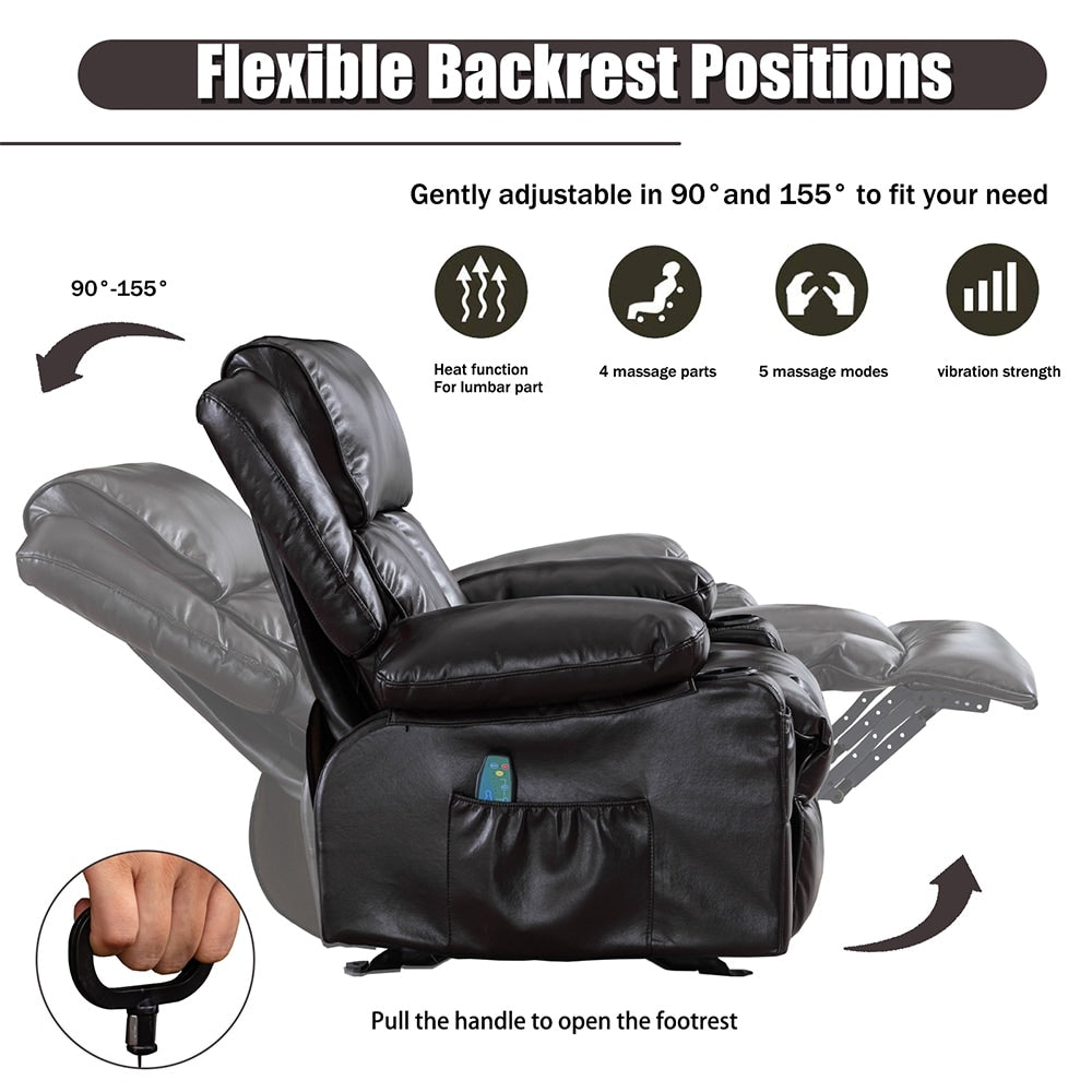 Fauteuil inclinable massant en similicuir, fauteuil à bascule inclinable, fonction chauffante