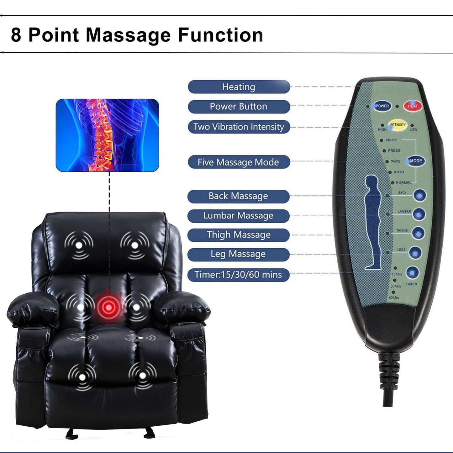 Fauteuil inclinable massant en similicuir, fauteuil à bascule inclinable, fonction chauffante