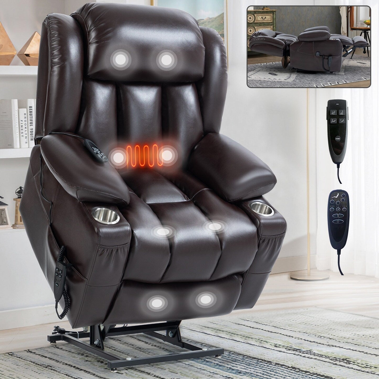 Fauteuil inclinable électrique en similicuir avec massage, chauffage et deux moteurs