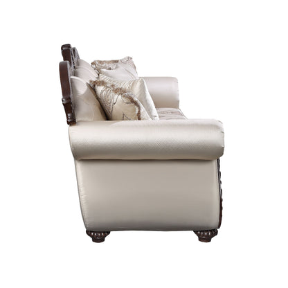 Canapé Faya, 5 coussins, similicuir ivoire, bois massif marron, 236 cm