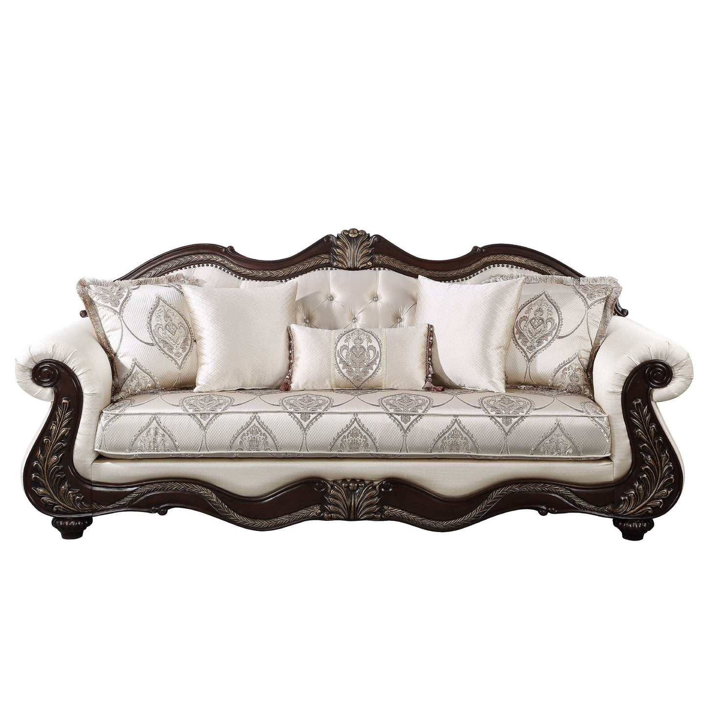 Canapé Faya, 5 coussins, similicuir ivoire, bois massif marron, 236 cm