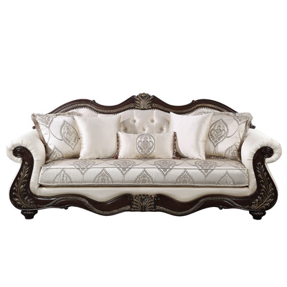 Canapé Faya, 5 coussins, similicuir ivoire, bois massif marron, 236 cm