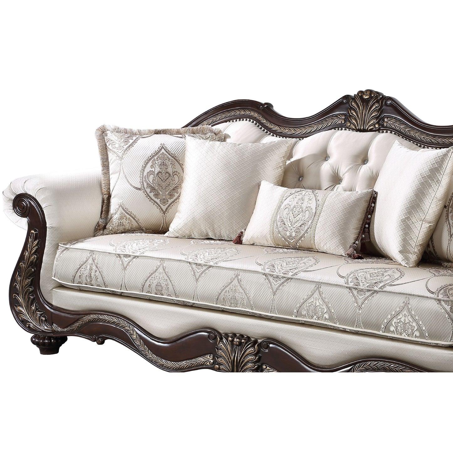 Canapé Faya, 5 coussins, similicuir ivoire, bois massif marron, 236 cm