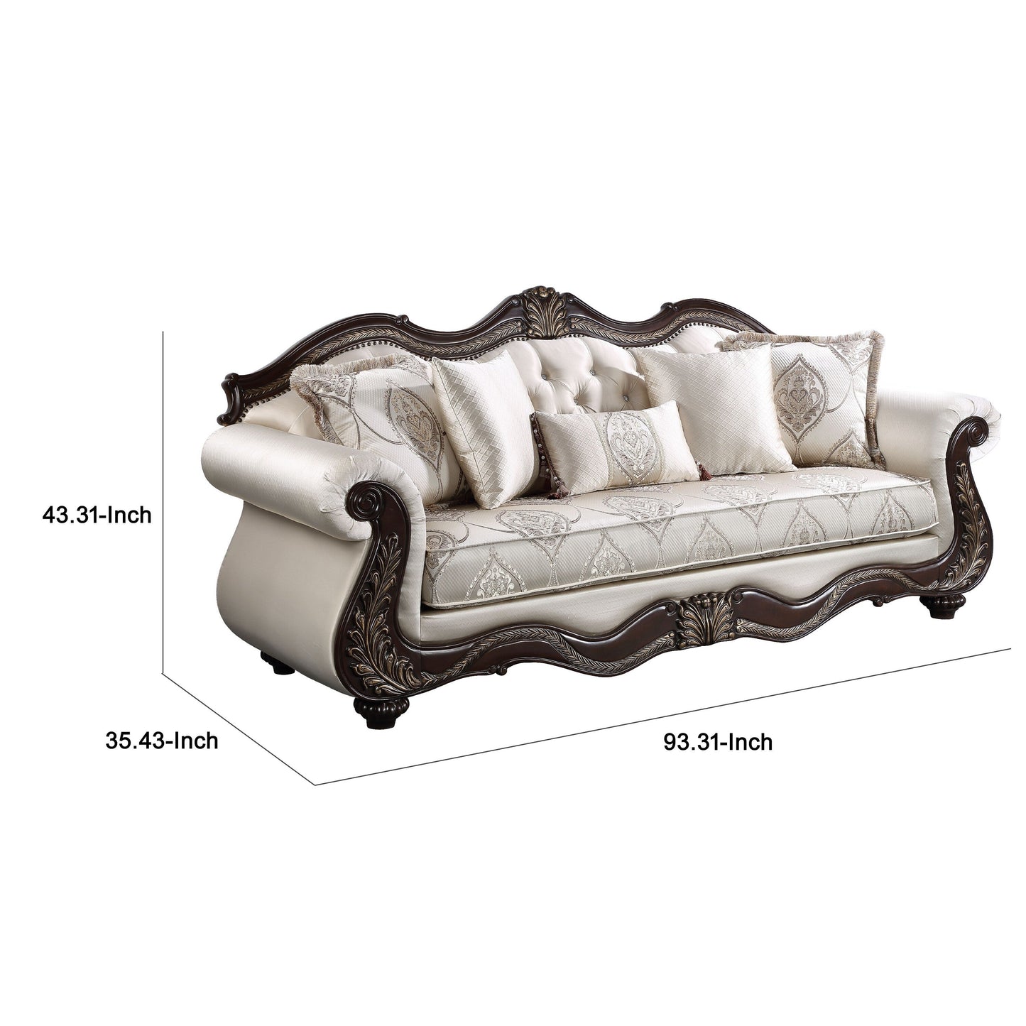 Canapé Faya, 5 coussins, similicuir ivoire, bois massif marron, 236 cm